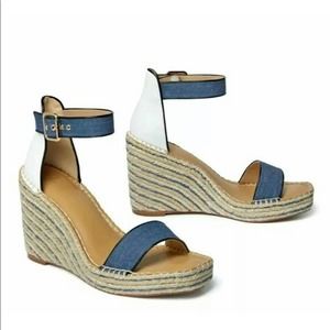 Cabi Parker Wedge Heel Espadrille Sandal Blue White Chambray NWOT 8